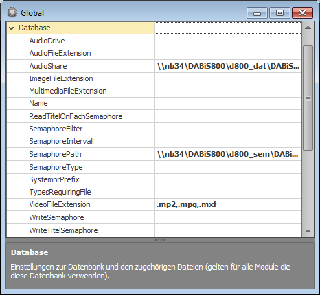 Globale Database Einstellungen