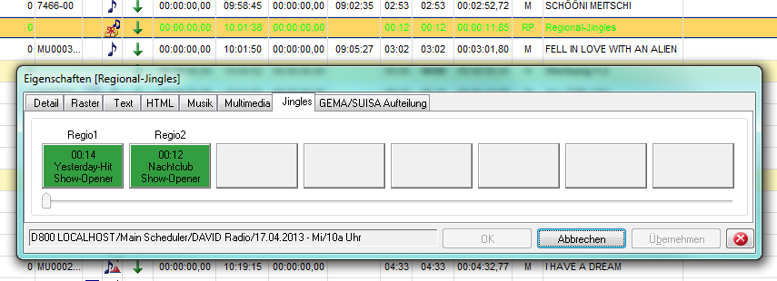 Regionalpaket "Regional-Jingles" in der Planning Base (mit geöffnetem Eigenschaften-Dialog)