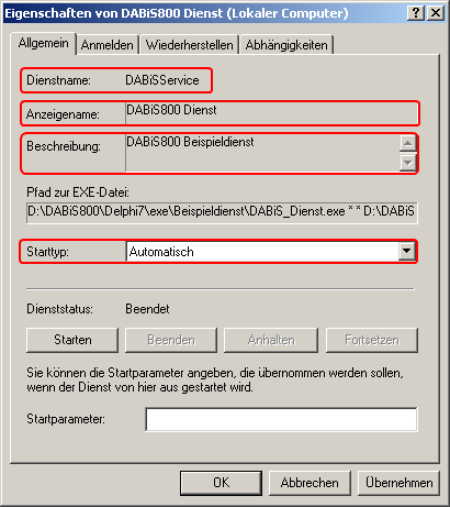Diensteigenschaften Allgemein