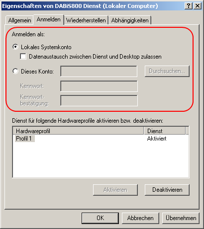 Diensteigenschaften Anmelden