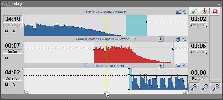 Übergang zwischen zwei Audioelementen mit Drop im Voice Track Editor bearbeiten