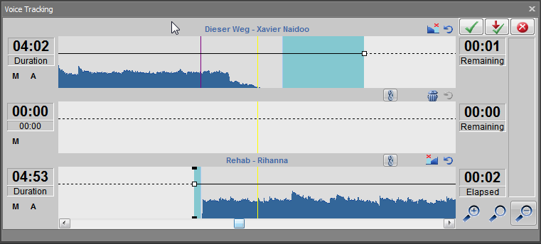 Crossfade zwischen zwei Audioelementen im Voice Track Editor bearbeiten